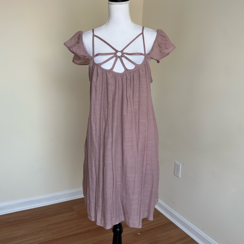 Papermoon Mauve Boho Mini Dress Flutter Sleeves Ring Detail Size Medium